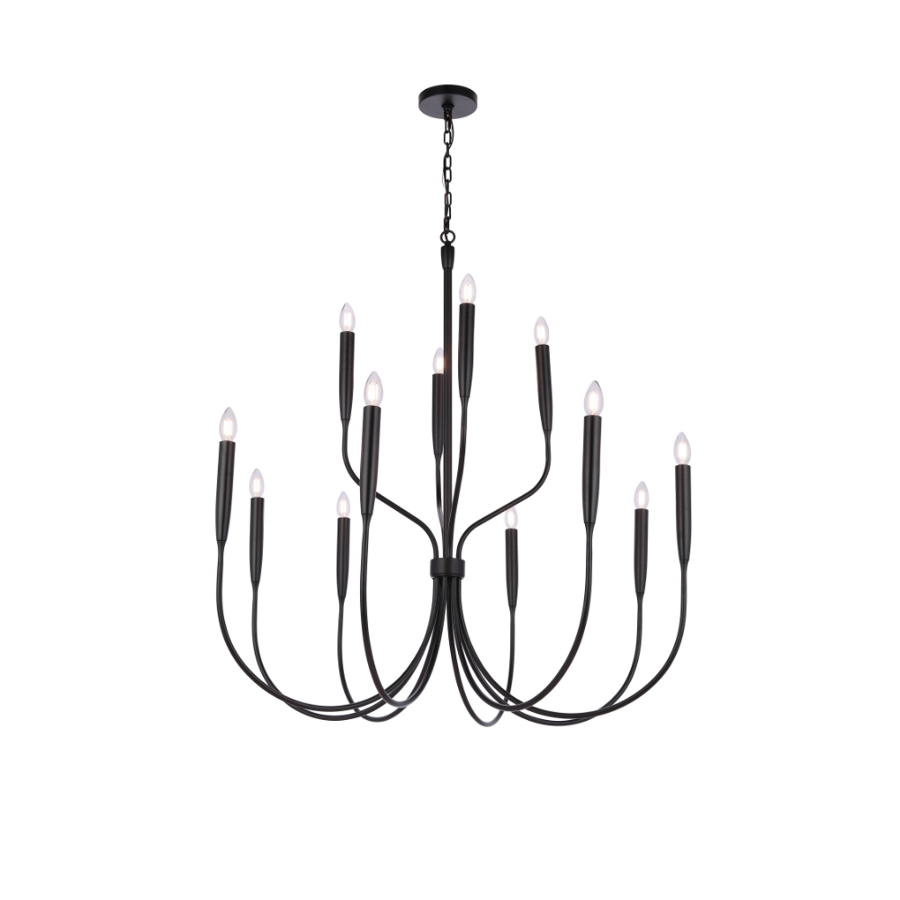 Modern 12-light black iron chandelier with gracefully curved arms, candle-style lights, and a matte black finish for dining rooms, foyers, and transitional interiors.