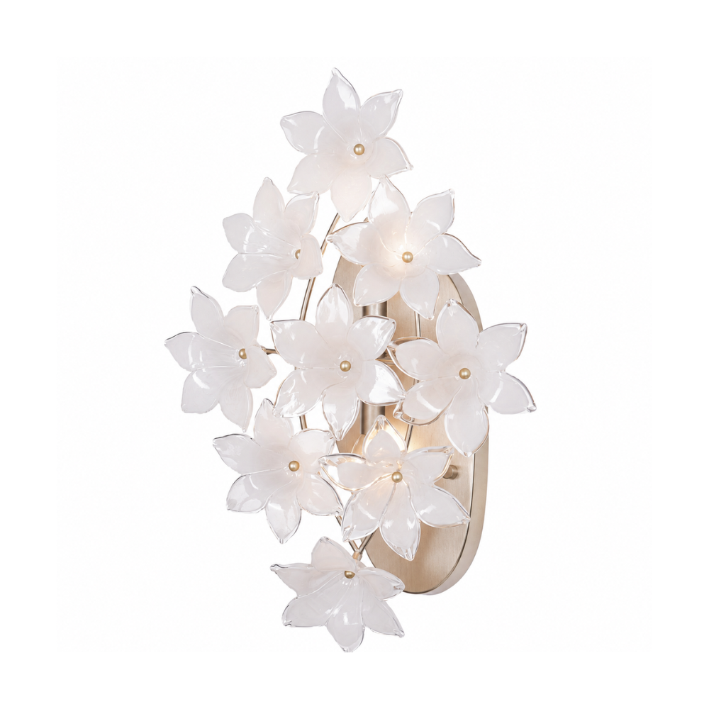 Champagne wall sconce with swirl white glass flower petals in a sculptural design