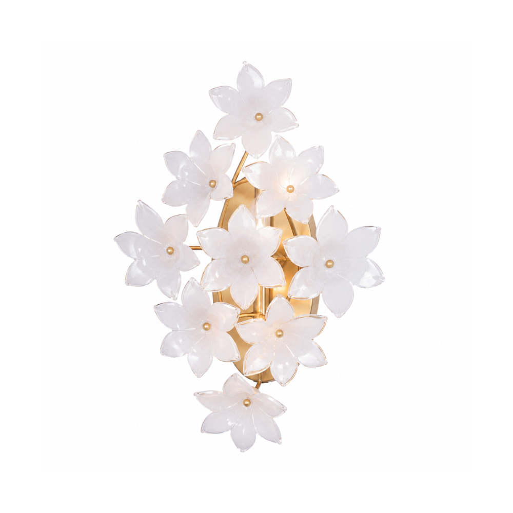 Gold wall sconce with swirl white glass flower petals in a sculptural design