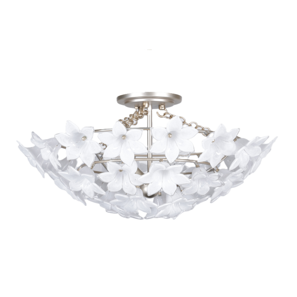 Champagne semi flush with swirl white glass flower petals in a sculptural design