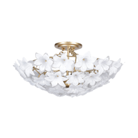 Gold semi flush with swirl white glass flower petals in a sculptural design