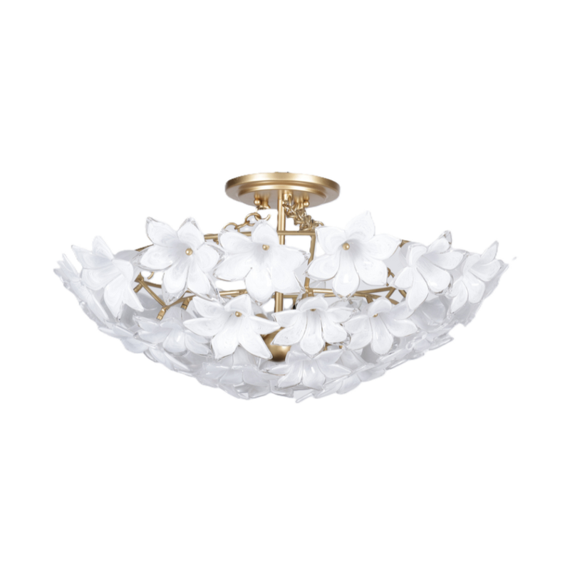 Gold semi flush with swirl white glass flower petals in a sculptural design