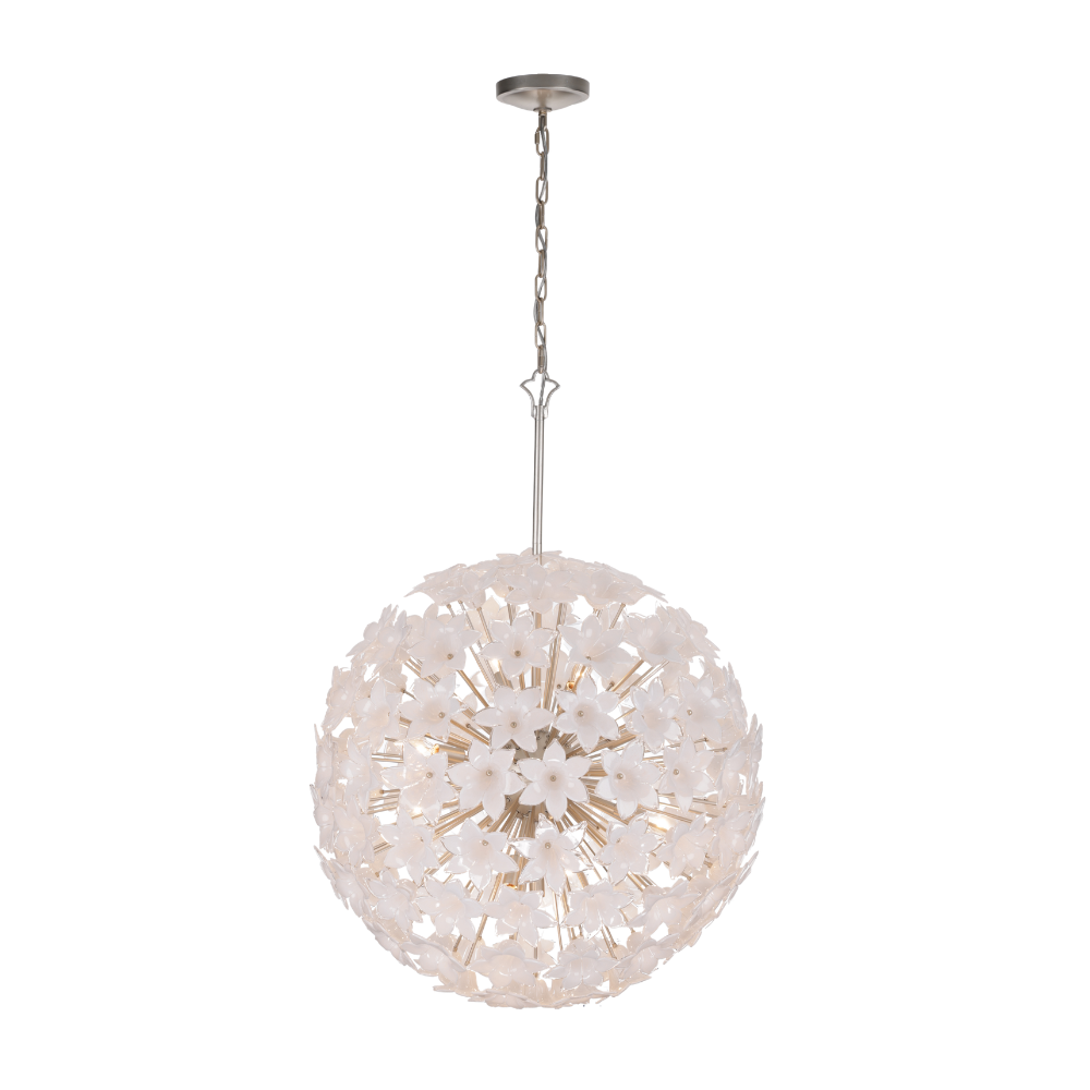 Champagne Silver chandelier with swirl white glass flower petals in a sculptural spherical design