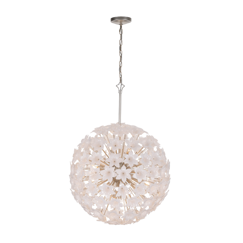 Champagne Silver chandelier with swirl white glass flower petals in a sculptural spherical design