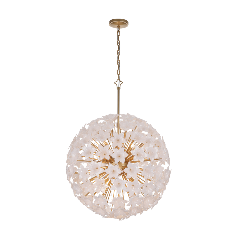 Gold chandelier with swirl white glass flower petals in a sculptural spherical design