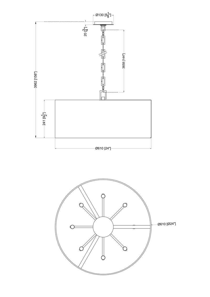 Lark Eight Light Pendant - Black and Brass