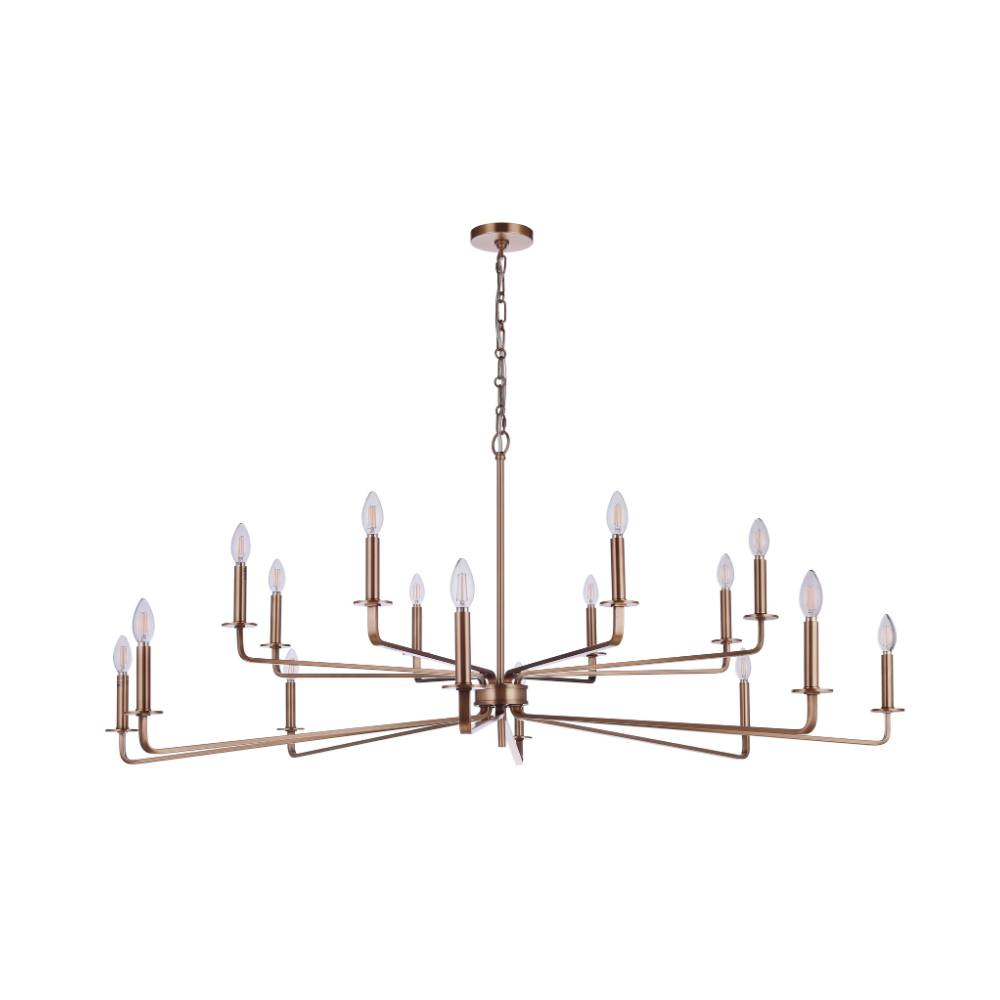 Large modern 16-light brass finish chandelier with open linear arms, candle-style lights, and brass finish for dining rooms, foyers, and contemporary interiors.