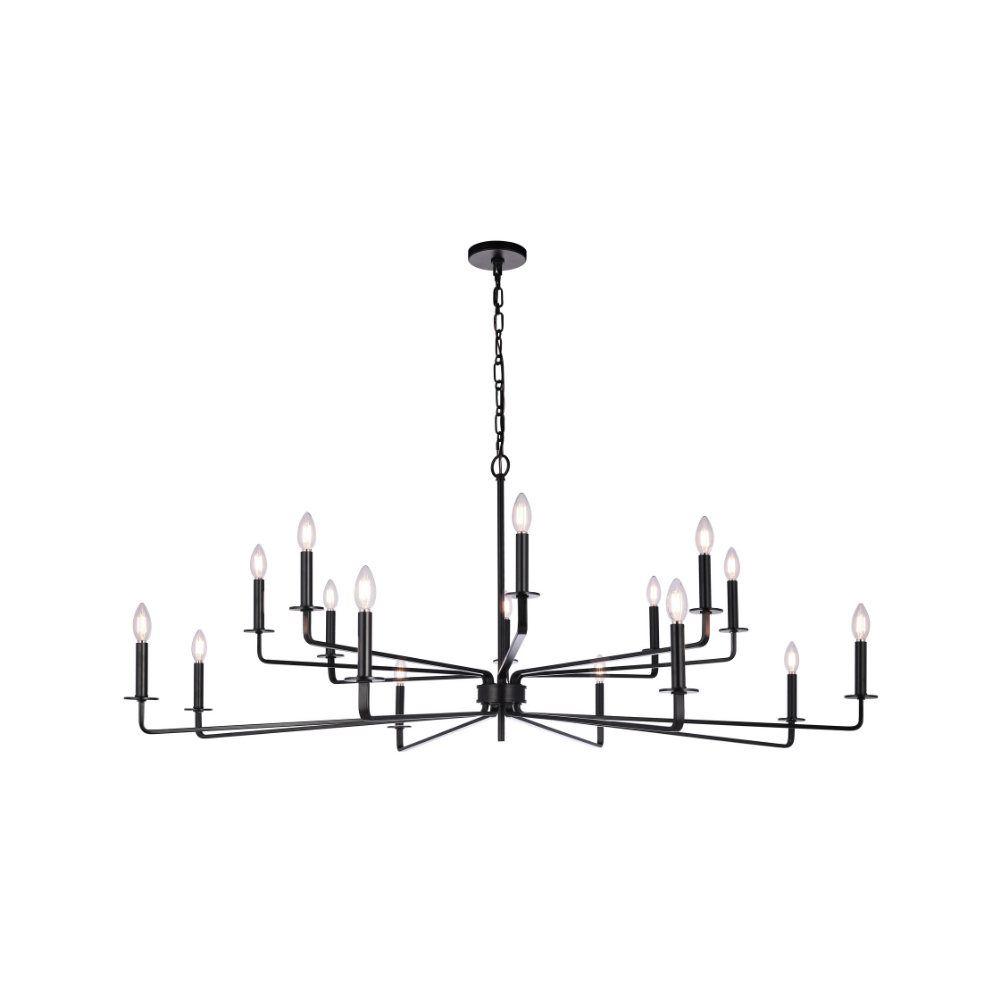 Large modern 16-light black iron chandelier with open linear arms, candle-style lights, and matte black finish for dining rooms, foyers, and contemporary interiors.