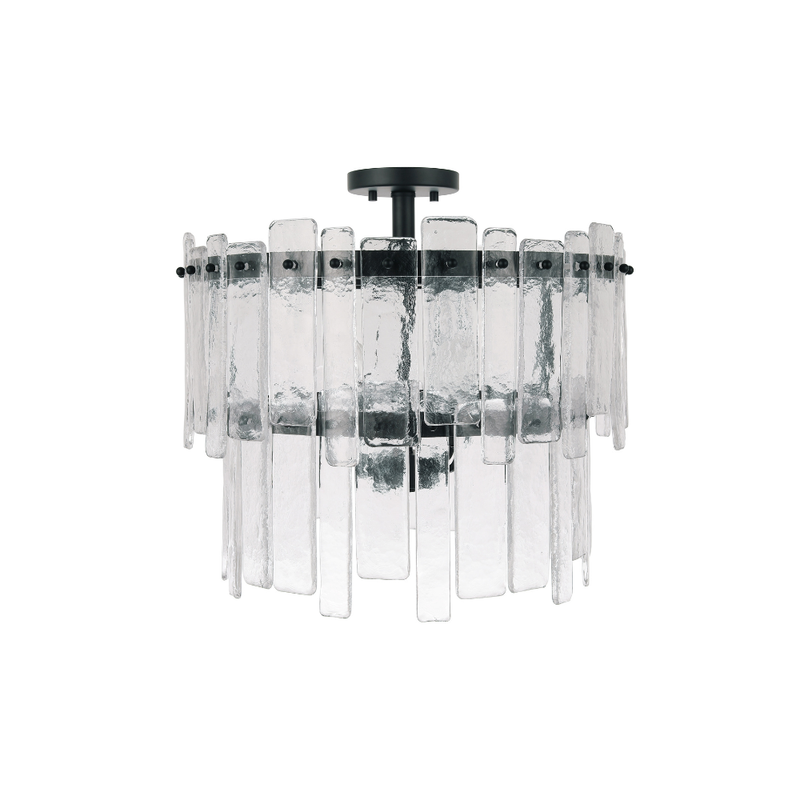 Modern flush mount chandelier with textured ice glass panels and matte black metal frame
