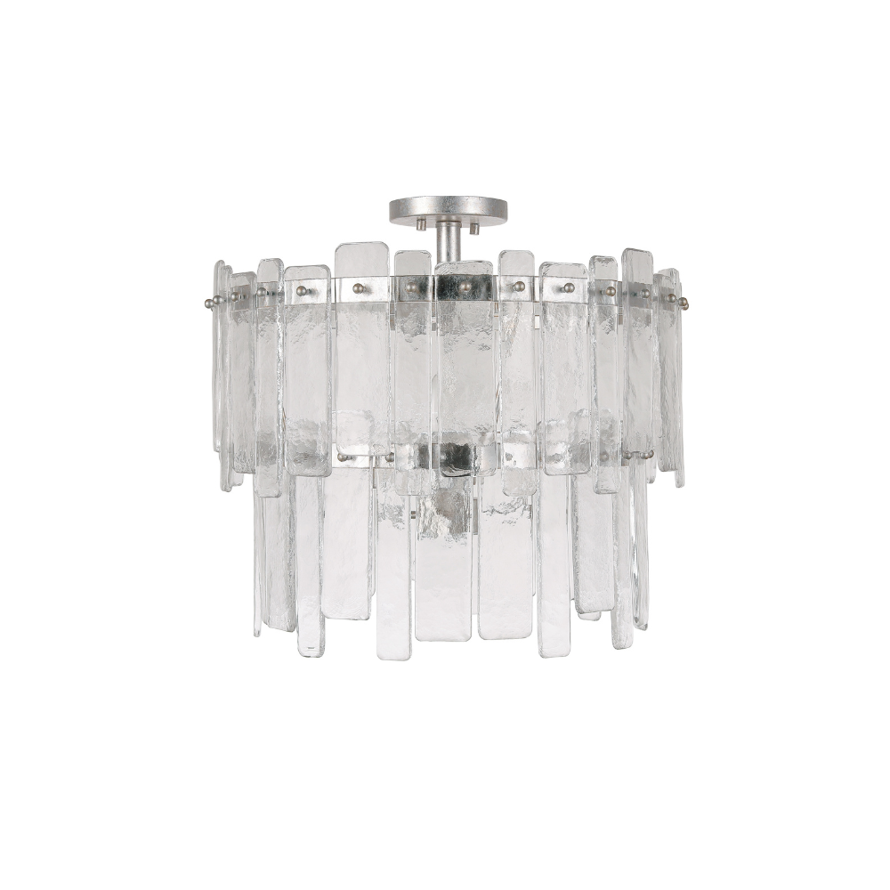 Modern flush mount chandelier with textured ice glass panels and silver leaf metal frame