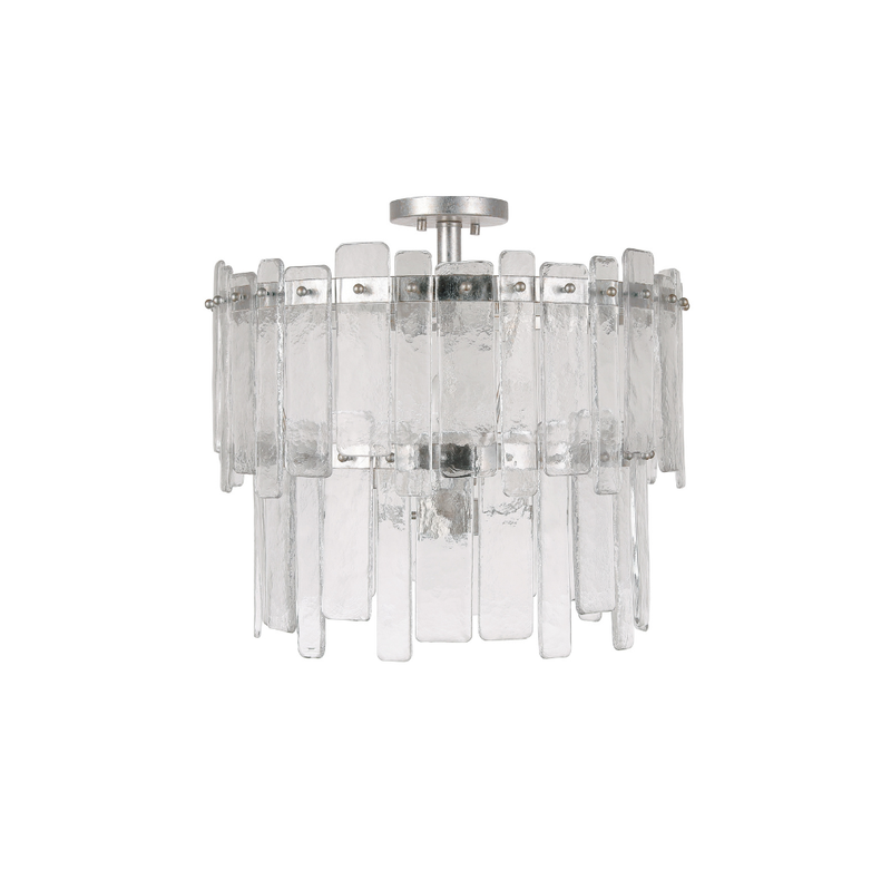 Modern flush mount chandelier with textured ice glass panels and silver leaf metal frame