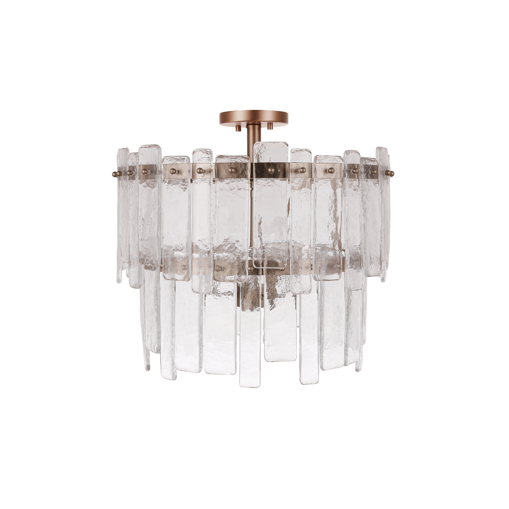 Modern flush mount chandelier with textured ice glass panels and aged brass metal frame