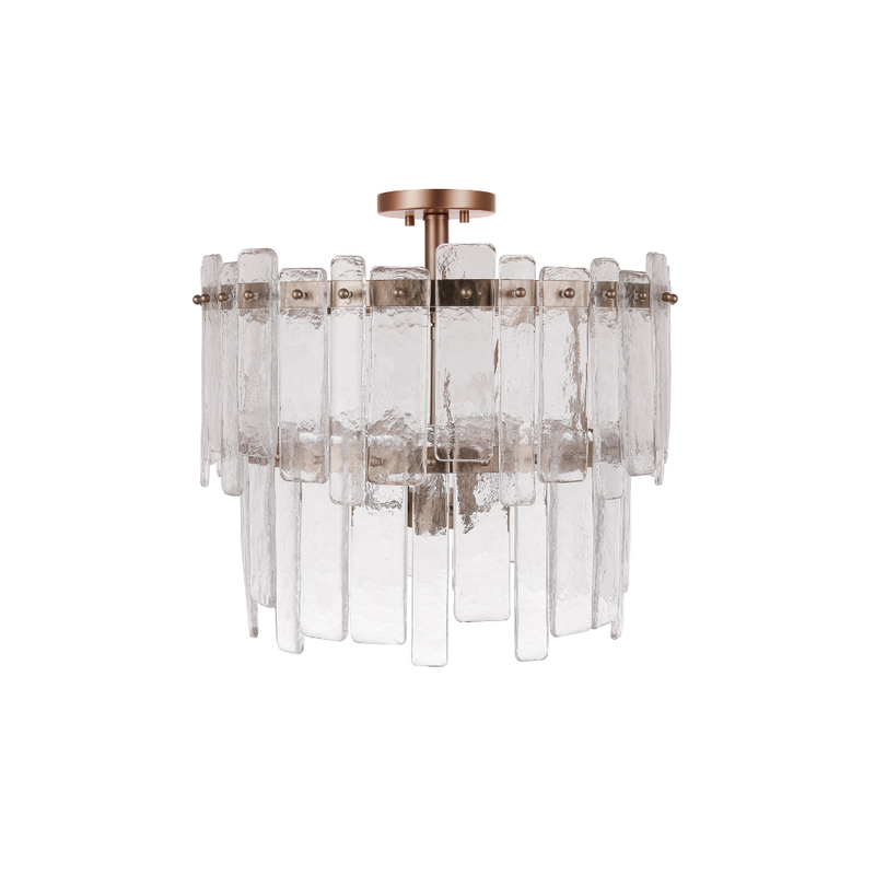 Modern flush mount chandelier with textured ice glass panels and aged brass metal frame