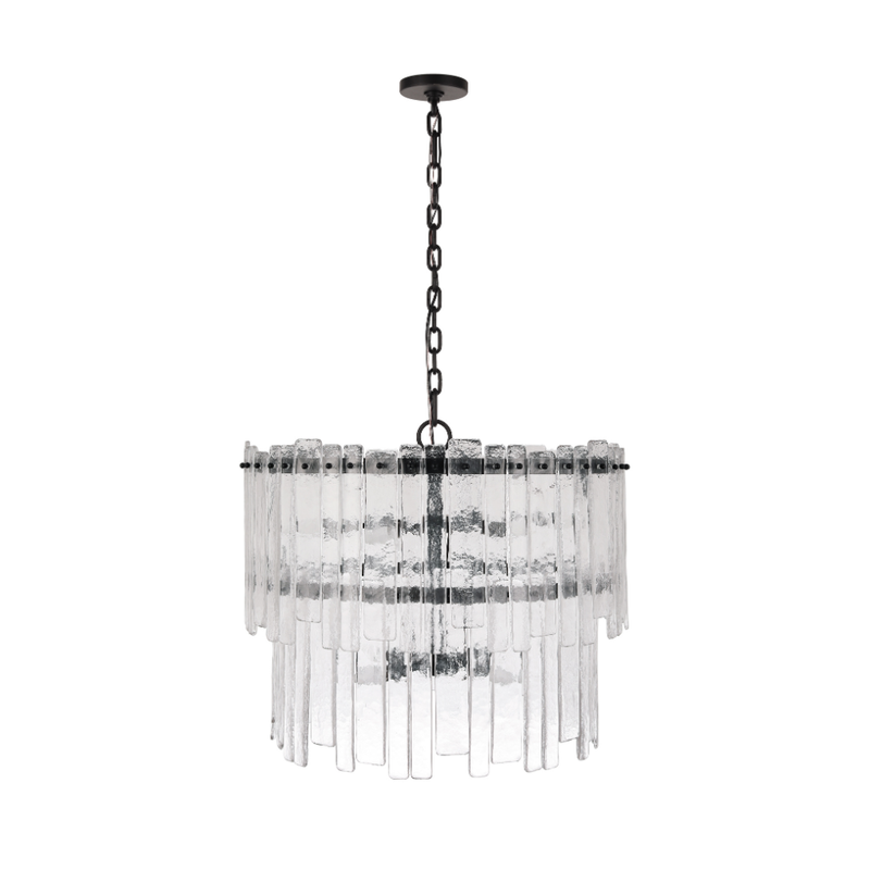 Tiered chandelier featuring textured clear ice glass panels suspended from a matte black frame and chain