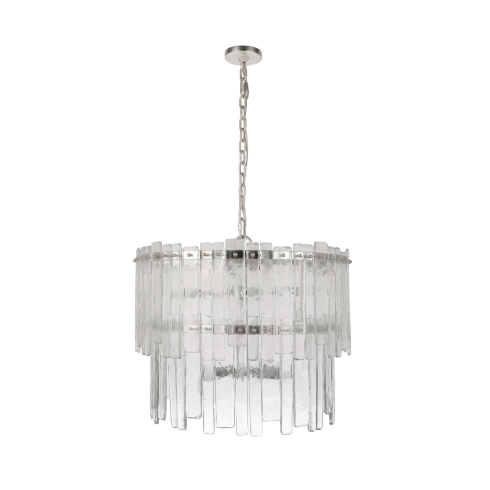 Tiered chandelier featuring textured clear ice glass panels suspended from a silver leaf frame and chain