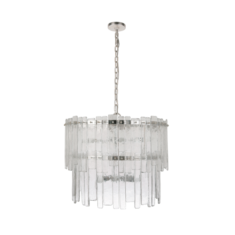 Tiered chandelier featuring textured clear ice glass panels suspended from a silver leaf frame and chain