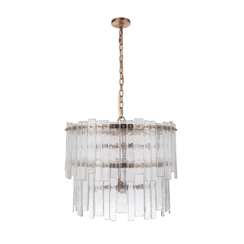 Tiered chandelier featuring textured clear ice glass panels suspended from an aged brass frame and chain