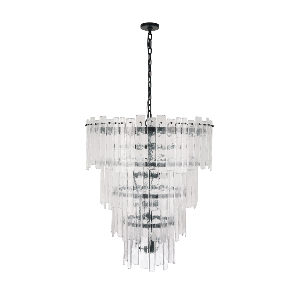 tiered glass chandelier, ice glass chandelier, modern glass chandelier, black chandelier, textured glass chandelier, contemporary chandelier lighting, luxury dining room chandelier, foyer chandelier, statement chandelier, Art Deco chandelier