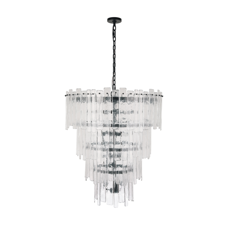 tiered glass chandelier, ice glass chandelier, modern glass chandelier, black chandelier, textured glass chandelier, contemporary chandelier lighting, luxury dining room chandelier, foyer chandelier, statement chandelier, Art Deco chandelier