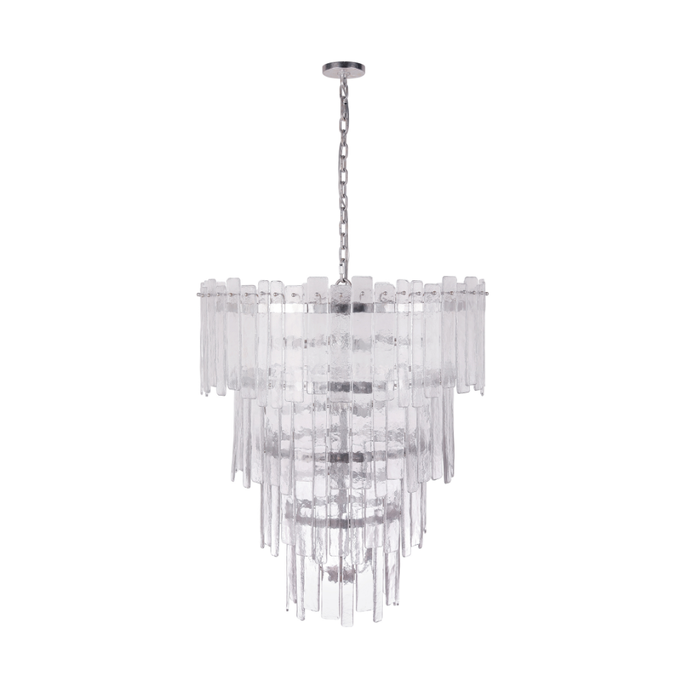 Tiered chandelier featuring textured clear ice glass panels suspended from a silver leaf frame and chain