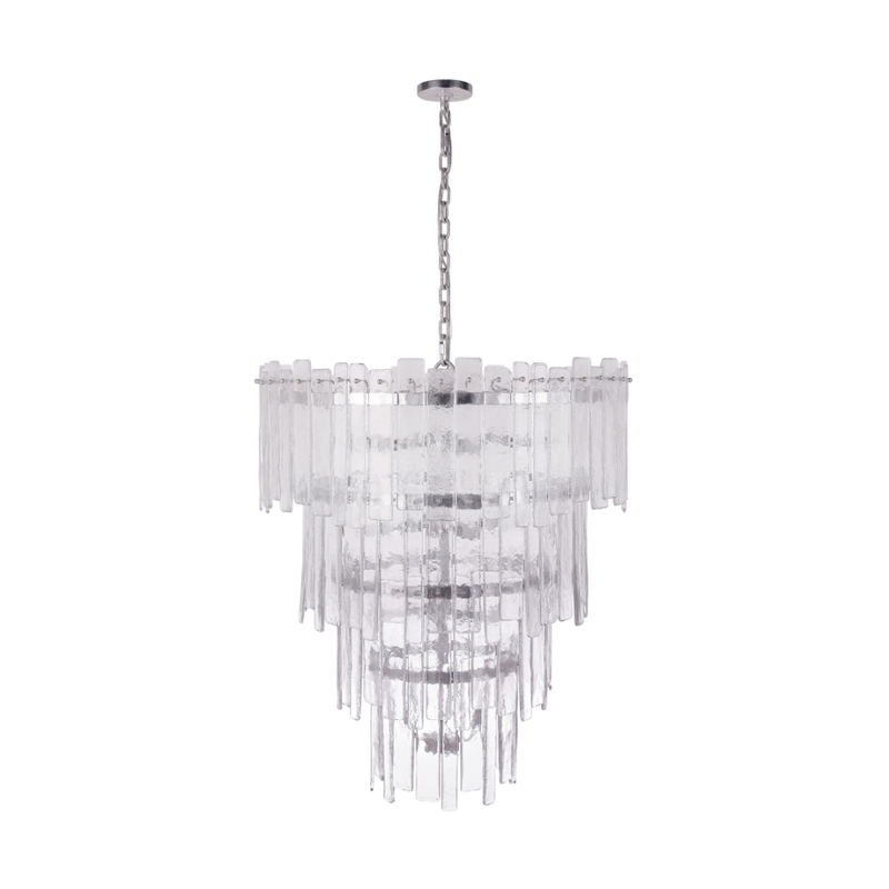 Tiered chandelier featuring textured clear ice glass panels suspended from a silver leaf frame and chain