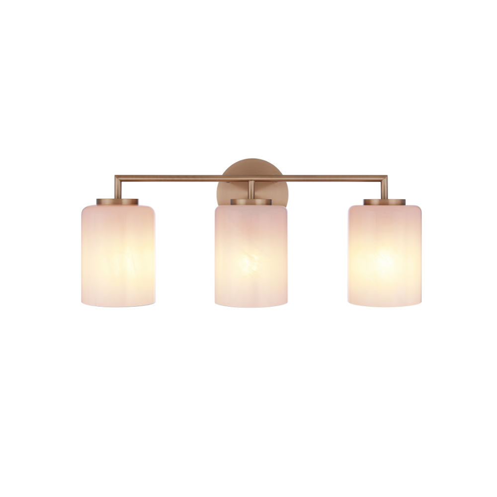 Modern 3-light bathroom vanity light featuring antique brass finish metal construction with three faux alabaster white glass cylinder shades in a minimalist transitional design.