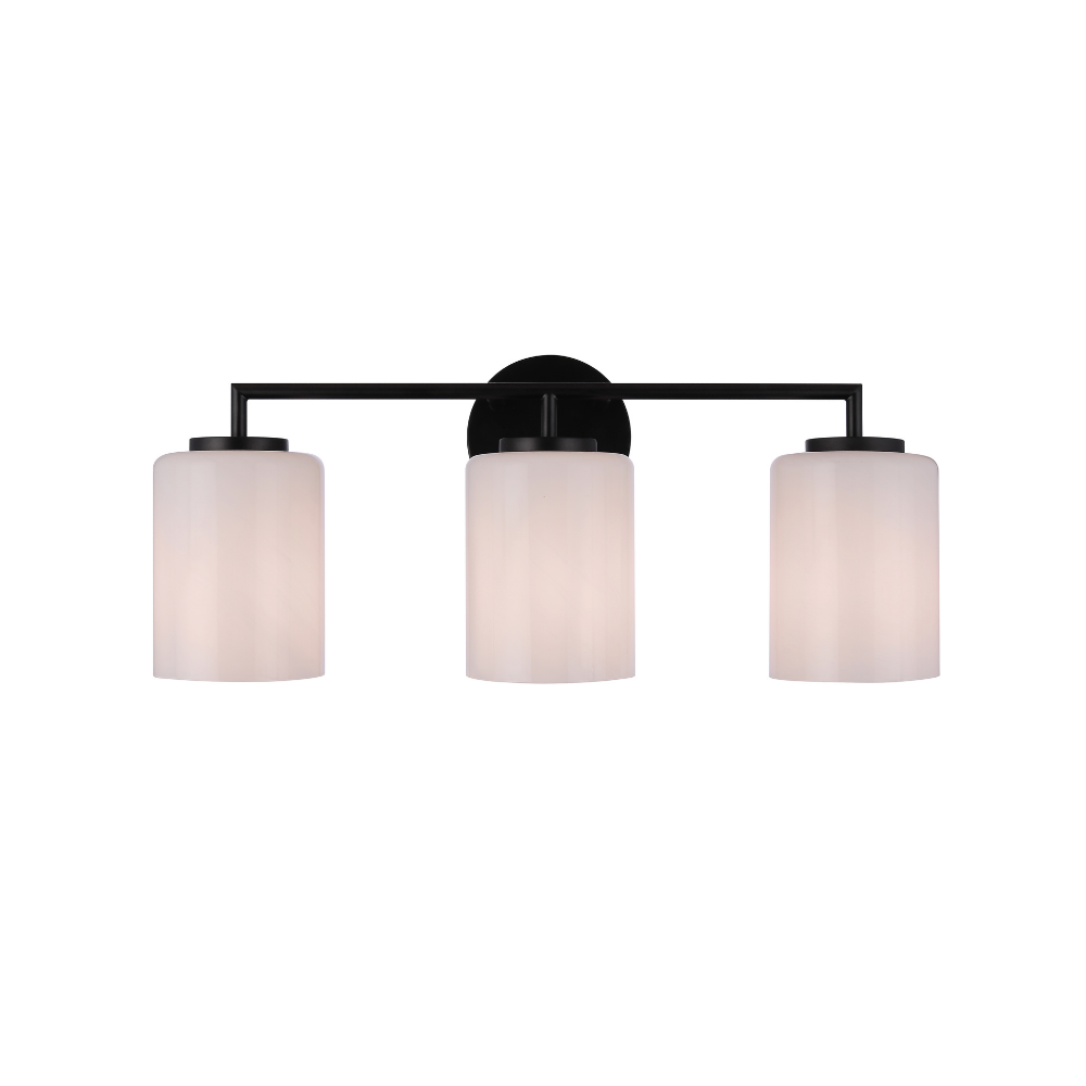 Modern 3-light bathroom vanity light featuring matte black metal construction with three faux alabaster white glass cylinder shades in a minimalist transitional design.