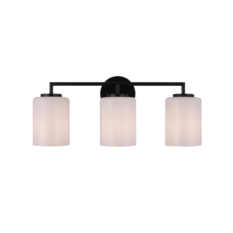 Modern 3-light bathroom vanity light featuring matte black metal construction with three faux alabaster white glass cylinder shades in a minimalist transitional design.
