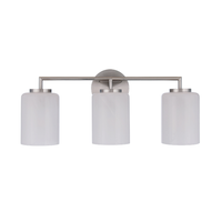 Modern 3-light bathroom vanity light featuring satin nickel finish metal construction with three faux alabaster white glass cylinder shades in a minimalist transitional design.