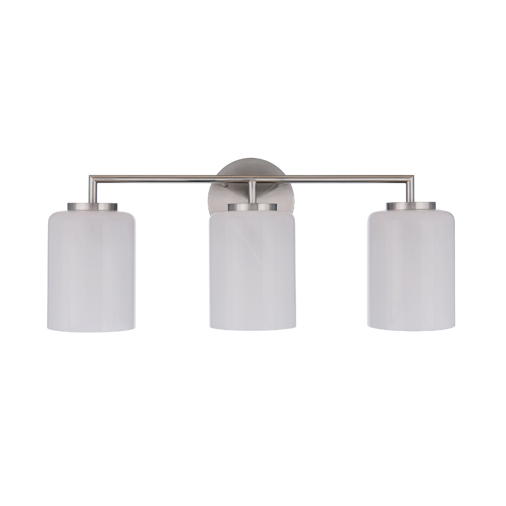 Modern 3-light bathroom vanity light featuring satin nickel finish metal construction with three faux alabaster white glass cylinder shades in a minimalist transitional design.