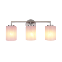 Modern 3-light bathroom vanity light featuring satin nickel finish metal construction with three faux alabaster white glass cylinder shades in a minimalist transitional design.
