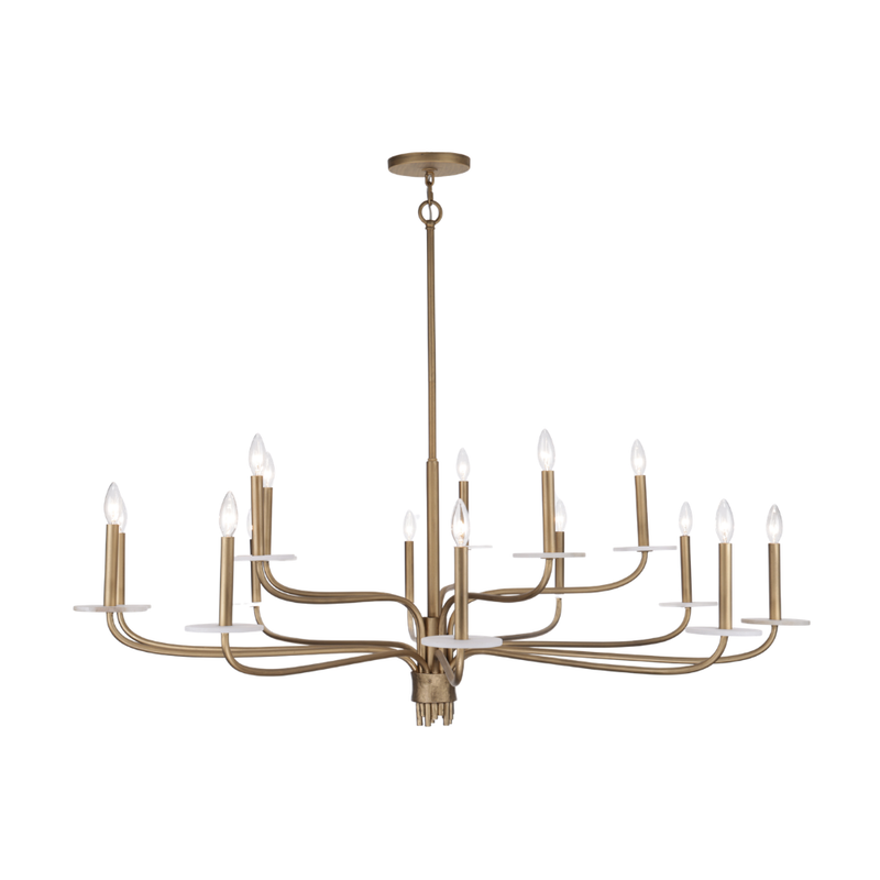 Modern candle chandelier with multiple arms and alabaster bobeches in warm metal finish