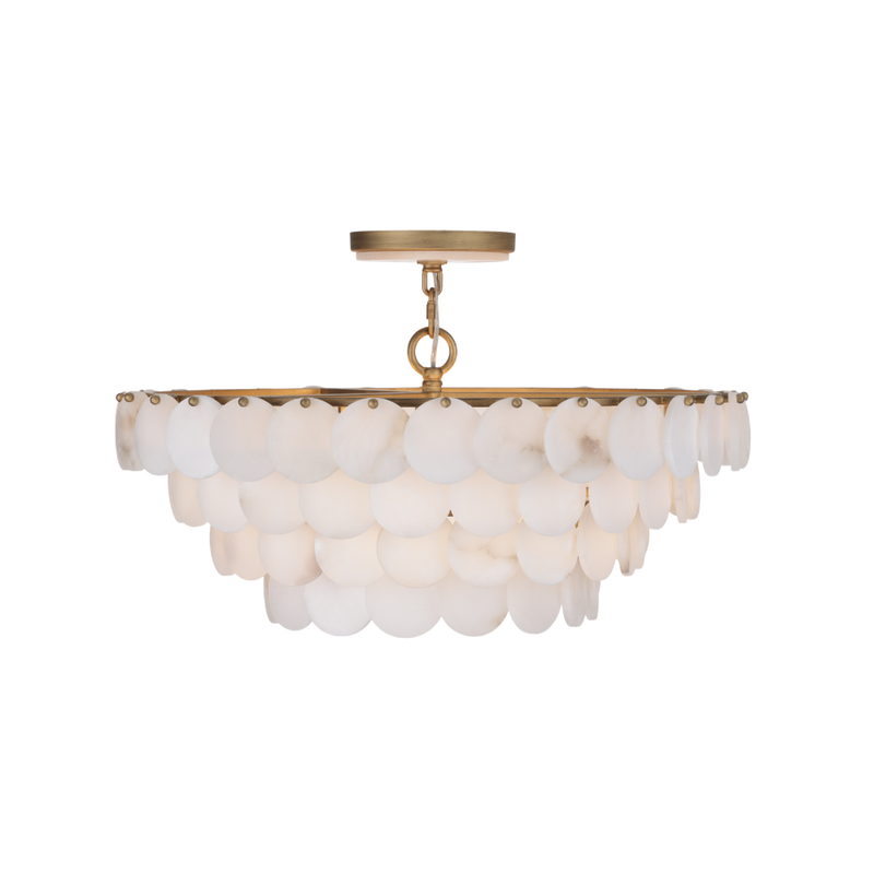 Tiered semi-flush mount with natural alabaster discs and warm metal frame with alabaster canopy detail