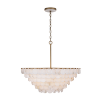 Tiered chandelier with natural alabaster discs and warm metal frame with alabaster canopy detail