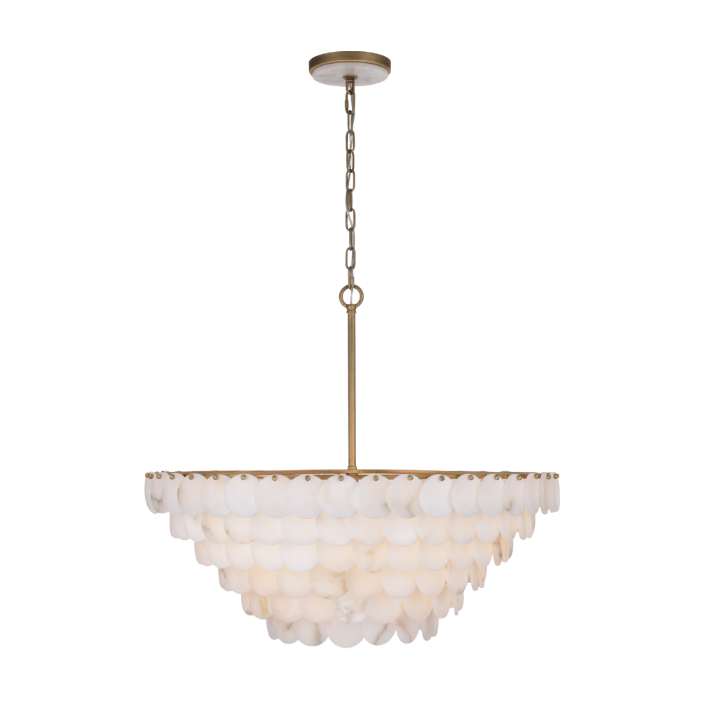 Tiered chandelier with natural alabaster discs and warm metal frame with alabaster canopy detail
