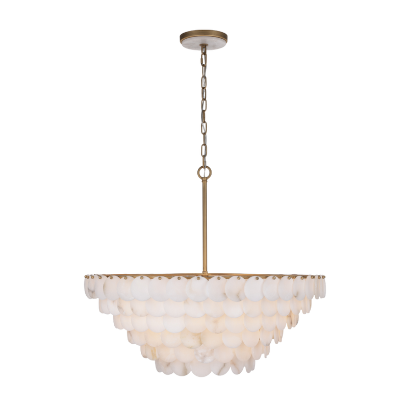 Tiered chandelier with natural alabaster discs and warm metal frame with alabaster canopy detail