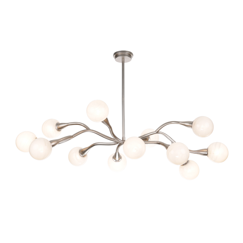 Modern branch chandelier with curved champagne silver arms and opal glass globe lights