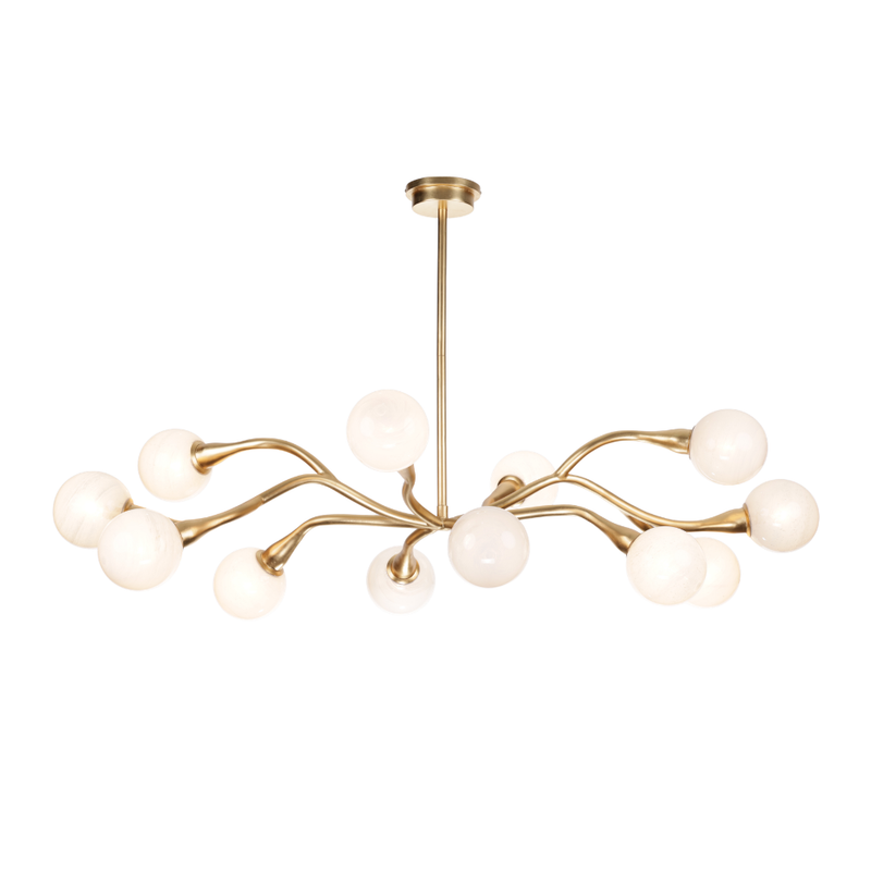Modern branch chandelier with curved gold arms and opal glass globe lights