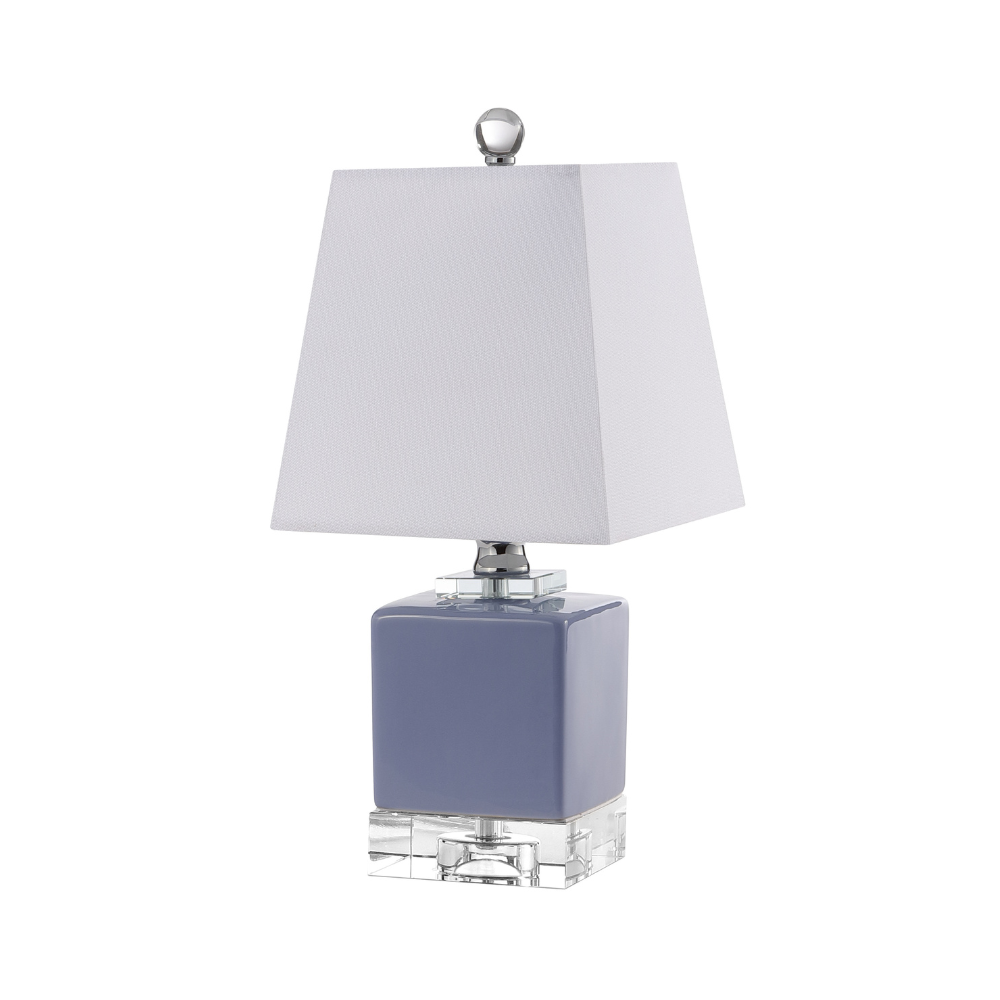 Mini ceramic base table lamp with soft neutral glass cube base, clear crystal accents, and white fabric shade