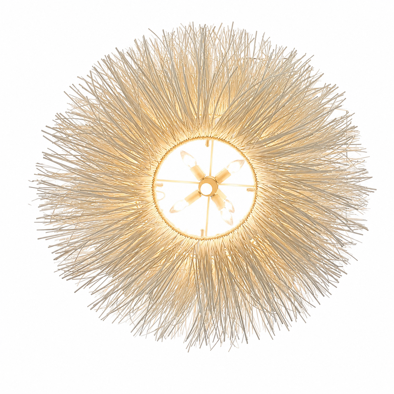 White rattan woven chandelier with layered curl design and soft ambient lighting