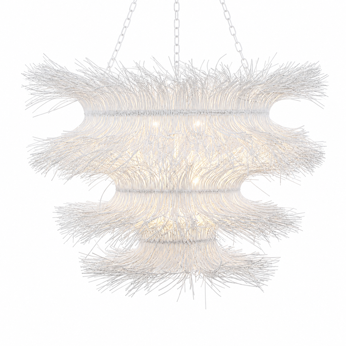 White rattan woven chandelier with layered curl design and soft ambient lighting