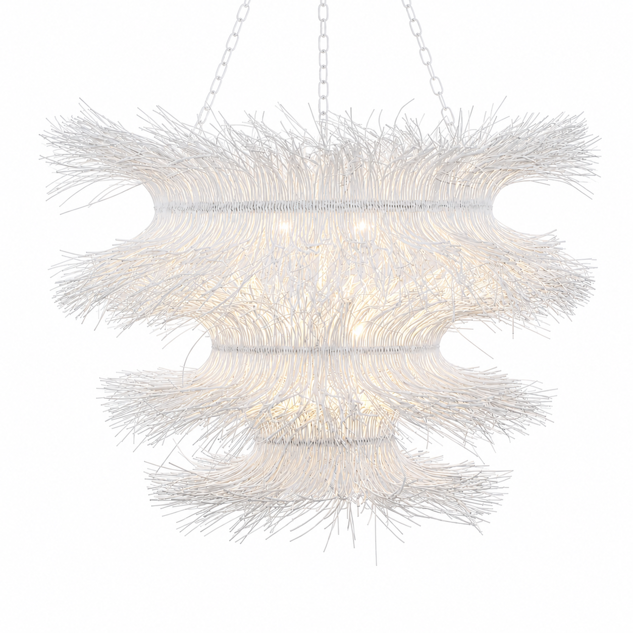 White rattan woven chandelier with layered curl design and soft ambient lighting