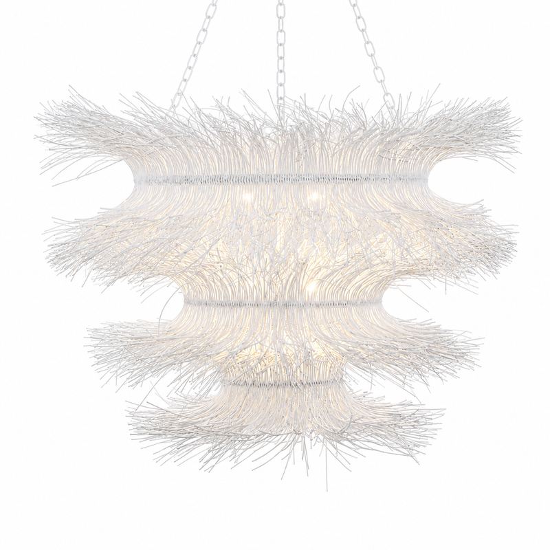 White rattan woven chandelier with layered curl design and soft ambient lighting