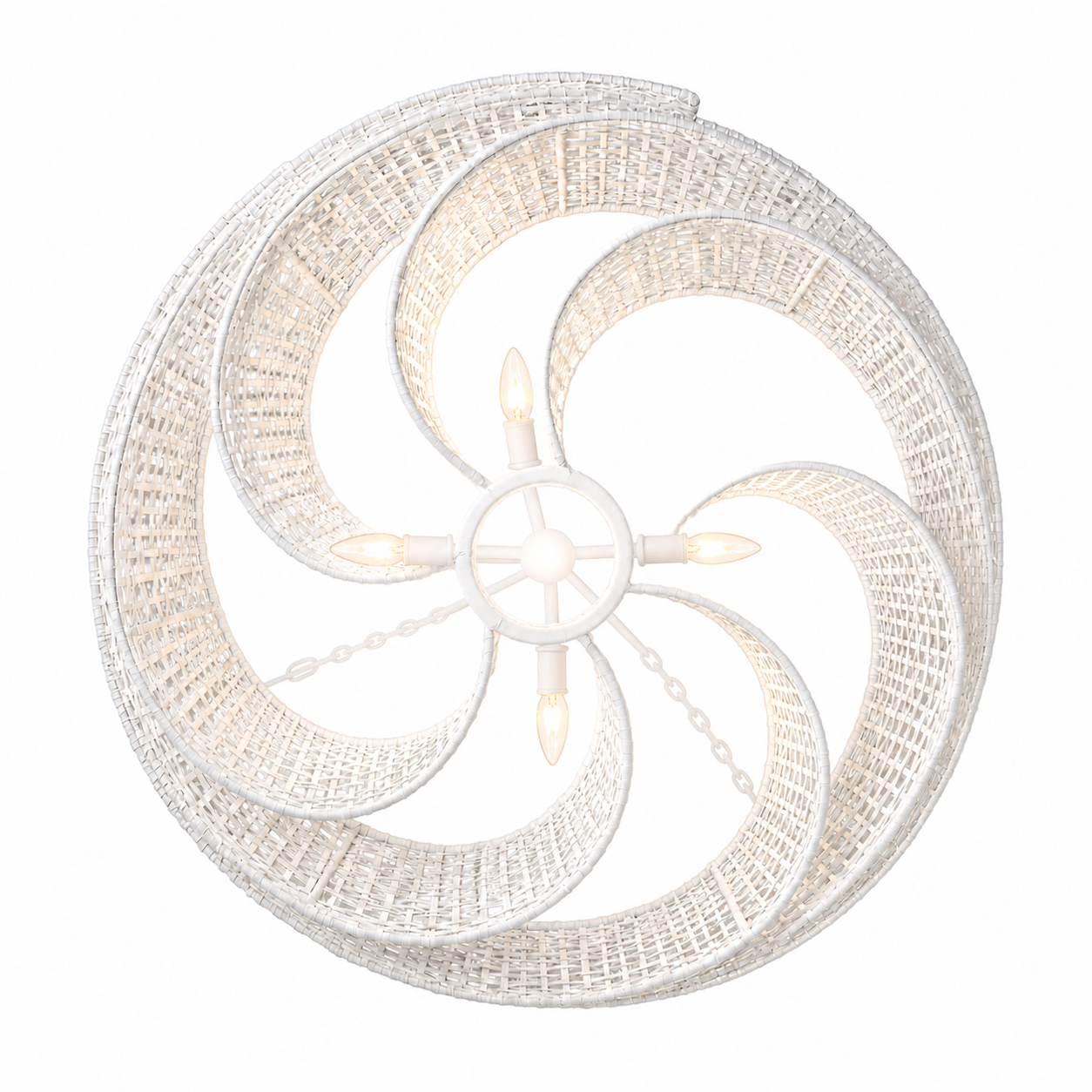 Decorative ceiling light fixture with a white woven design on a white background