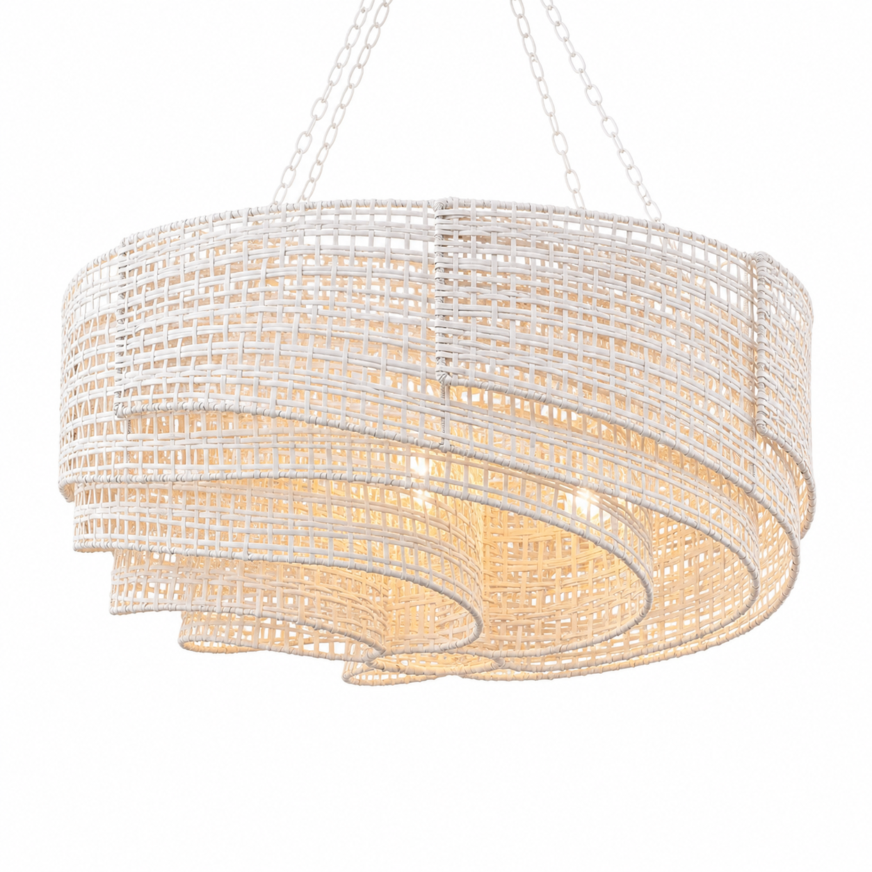 White woven rattan chandelier with layered drum shade and warm ambient lighting