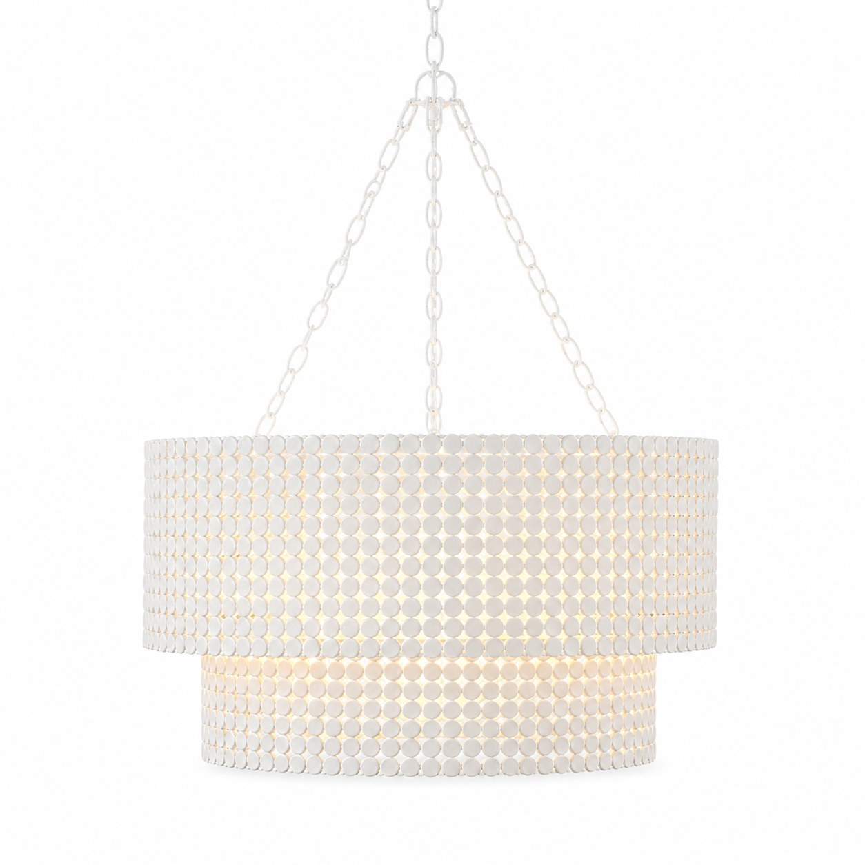 Tiered beaded chandelier with metal chain suspension and warm ambient lighting