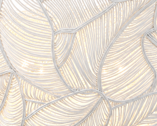 White sculptural chandelier with layered leaf-like design and soft ambient lighting